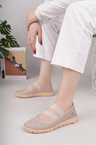 Mammamia D25YA 645 Pudra Hakiki Deri Delikli Kadın Ayakkabı