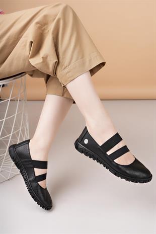 Mammamia D25YA 645 Siyah Hakiki Deri Delikli Kadın Ayakkabı