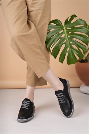 Mammamia D25YA 705 Siyah Hakiki Deri Bağcıklı Kadın Ayakkabı