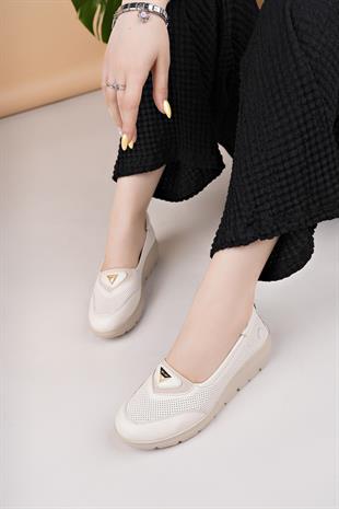 Mammamia D25YA 7450 Krem Hakiki Deri Kadın Ayakkabı