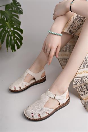 Mammamia D25YS 2550 Krem Hakiki Deri Kadın Sandalet