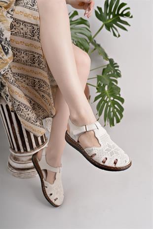 Mammamia D25YS 2550 Krem Hakiki Deri Kadın Sandalet