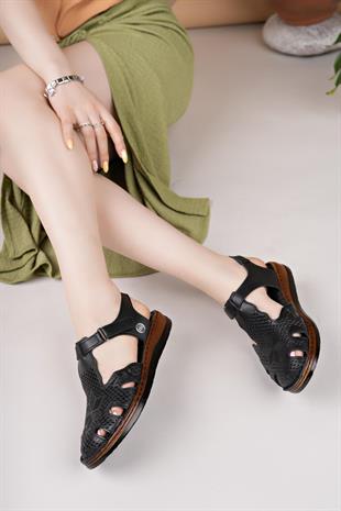 Mammamia D25YS 2550 Siyah Hakiki Deri Kadın Sandalet