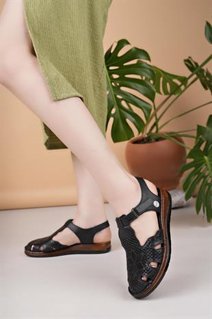 Mammamia D25YS 2550 Siyah Hakiki Deri Kadın Sandalet