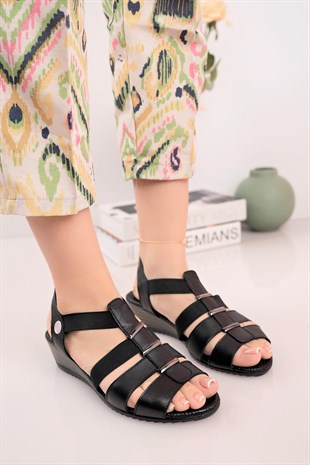 Mammamia D25YS 2735 Siyah Hakiki Deri Kadın Sandalet