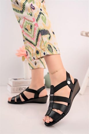 Mammamia D25YS 2735 Siyah Hakiki Deri Kadın Sandalet