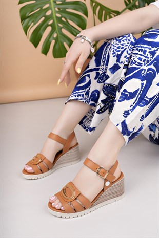 Mammamia D25YS 2775 Taba Hakiki Deri Dolgu Kadın Sandalet