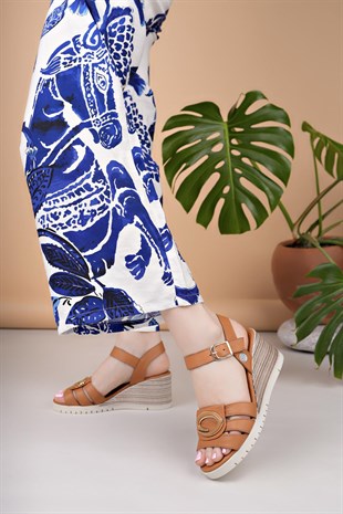 Mammamia D25YS 2775 Taba Hakiki Deri Dolgu Kadın Sandalet