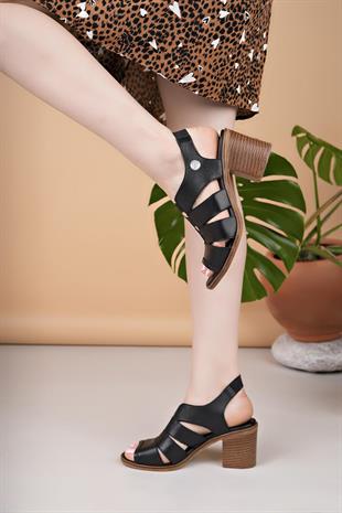 Mammamia D25YS 2935 Siyah Hakiki Deri Topuklu Kadın Sandalet