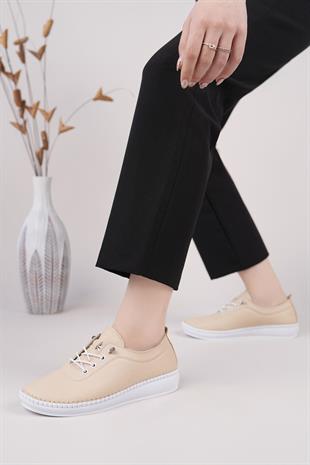 Maria 200-90 Krem Hakiki Soft Deri Günlük Kadın Ayakkabı