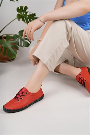 Maria 300 Kırmızı Hakiki Soft Deri Günlük Kadın Ayakkabı