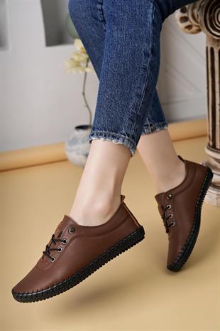 Maria 300 Taba Hakiki Soft Deri Günlük Kadın Ayakkabı