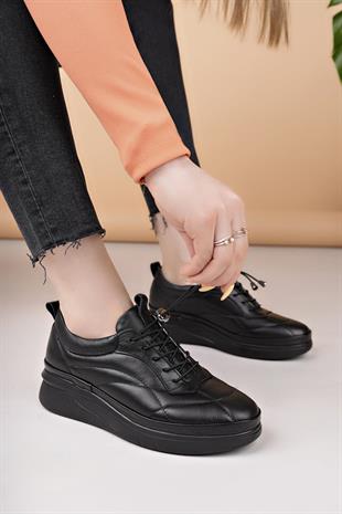 Modessa 123 Siyah Lastik Bağcıklı Hakiki Soft Deri Kadın Ayakkabı