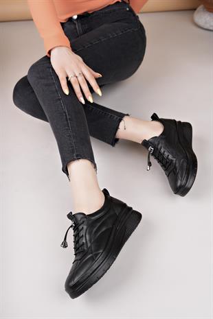 Modessa 123 Siyah Lastik Bağcıklı Hakiki Soft Deri Kadın Ayakkabı