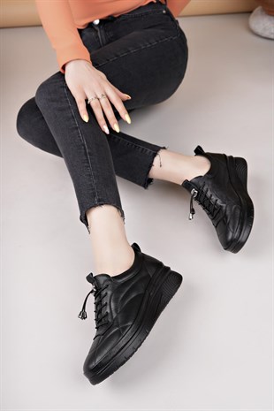 Modessa 123 Siyah Lastik Bağcıklı Hakiki Soft Deri Kadın Ayakkabı