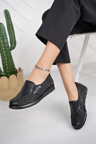 Muya 323794 Siyah Hakiki Deri 6 Nokta Kemik Çıkıntısı Ayakkabı