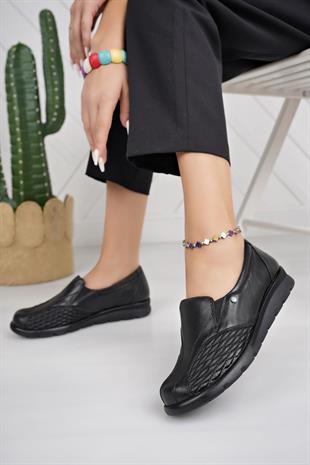 Muya 323794 Siyah Hakiki Deri 6 Nokta Kemik Çıkıntısı Ayakkabı