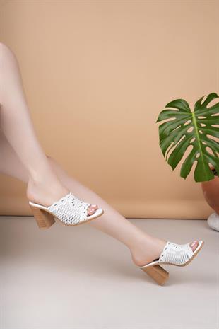 MyShoes 2200 Beyaz Hakiki Soft Deri Kadın Topuklu Terlik