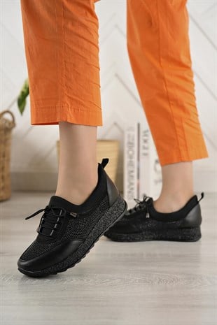 Nesil Shoes Acr 15 Siyah Taşlı Strech Kadın Ayakkabı