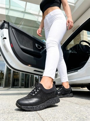 Nesil Shoes Acr 15 Siyah Taşlı Strech Kadın Ayakkabı