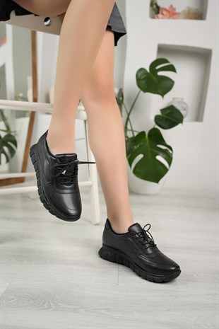 Nesil Shoes Acr 40 Siyah Lastik Bağlı Kadın Ayakkabı