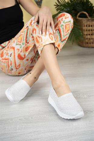 Nesil Shoes Aky 055 Beyaz Simli Triko Yazlık Kadın Ayakkabı