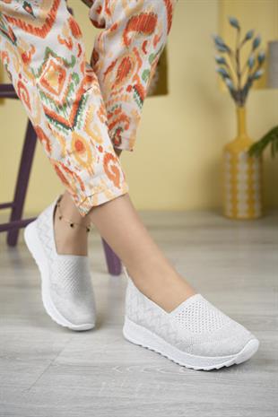 Nesil Shoes Aky 055 Beyaz Simli Triko Yazlık Kadın Ayakkabı