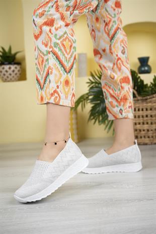 Nesil Shoes Aky 055 Beyaz Simli Triko Yazlık Kadın Ayakkabı