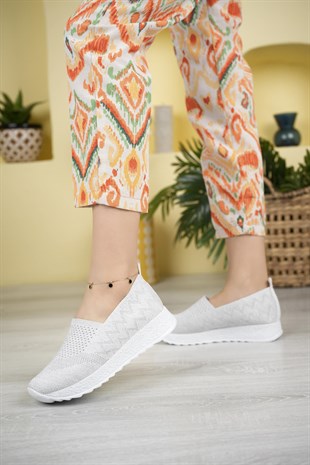 Nesil Shoes Aky 055 Beyaz Simli Triko Yazlık Kadın Ayakkabı