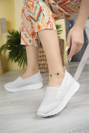 Nesil Shoes Aky 055 Beyaz Simli Triko Yazlık Kadın Ayakkabı