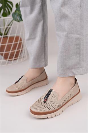 Nesil Shoes Ayzen 174 Vizon Taba Delikli Anatomik Kadın Ayakkabı