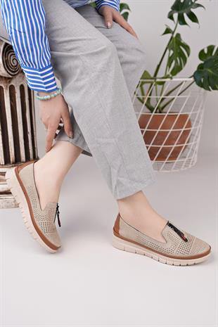 Nesil Shoes Ayzen 174 Vizon Taba Delikli Anatomik Kadın Ayakkabı