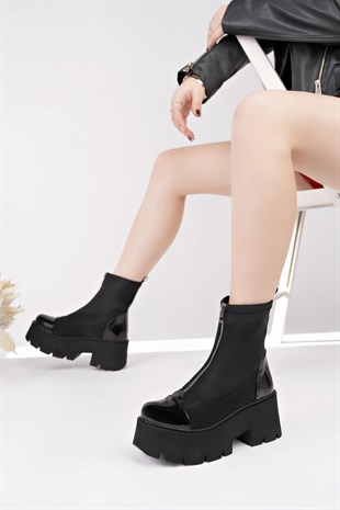 Nesil Shoes Carel 606 Siyah Rugan Garnili Platform Kadın Bot
