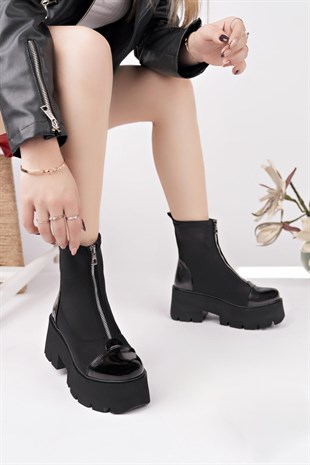 Nesil Shoes Carel 606 Siyah Rugan Garnili Platform Kadın Bot