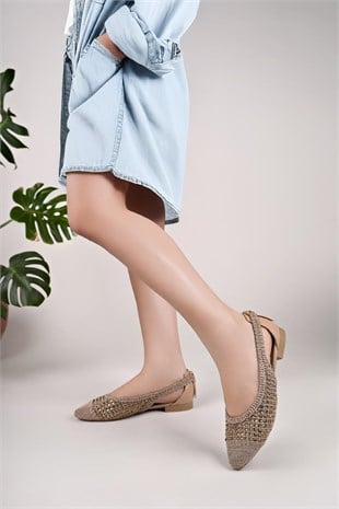 Nesil Shoes Ceylan 230 Nude Taşlı Hasır Kadın Babet