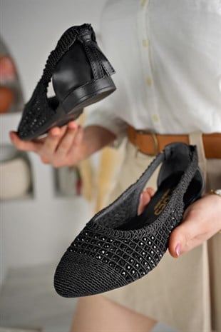 Nesil Shoes Ceylan 230 Siyah Taşlı Hasır Kadın Babet