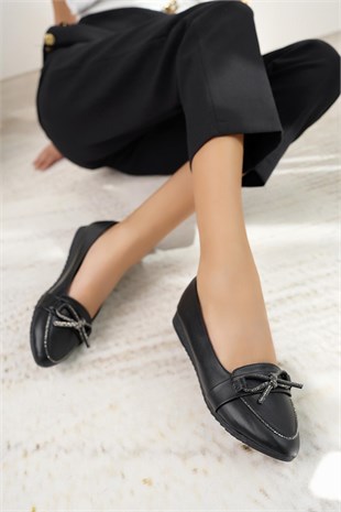Nesil Shoes Ceylan 3042 Siyah Taşlı Kadın Babet