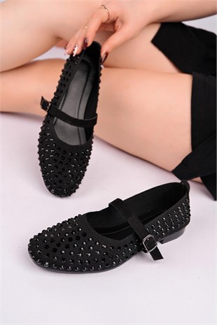 Nesil Shoes Ceylan 3170 Siyah Triko Taş Detaylı  Kadın Babet