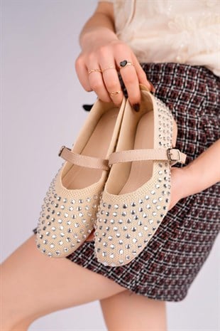 Nesil Shoes Ceylan 3170 Ten Triko Taş Detaylı  Kadın Babet