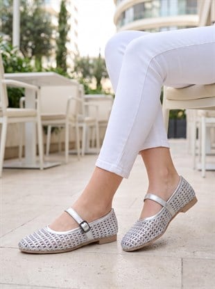 Nesil Shoes Ceylan 3501 Gümüş Hasır Örgü Kadın Babet