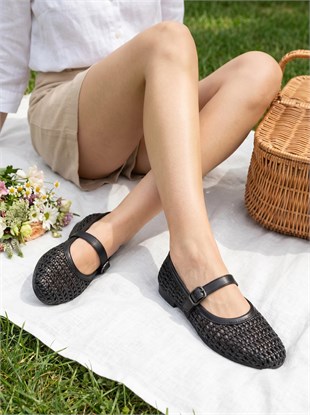 Nesil Shoes Ceylan 3501 Siyah Hasır Örgü Kadın Babet