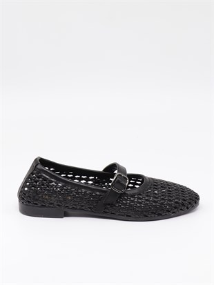 Nesil Shoes Ceylan 3501 Siyah Hasır Örgü Kadın Babet