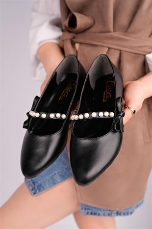 Nesil Shoes Ceylan 360 Siyah İnci Detaylı  Kadın Babet