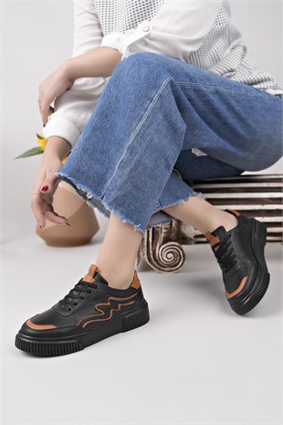 Nesil Shoes Comfo 101 Siyah Taba Hakiki Soft Deri Kadın Sneakers