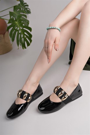 Nesil Shoes Dvm 021 Siyah Rugan Lastik Bantlı Kadın Babet