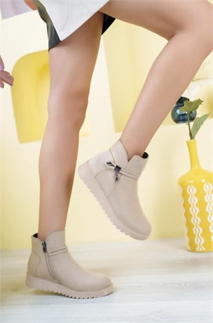 Nesil Shoes Dvm 1001 Bej Nubuk Kadın Fermuarlı Kışlık Bot