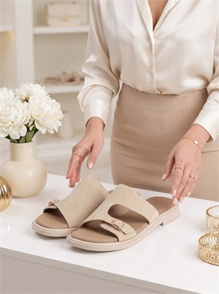 Nesil Shoes Dvm 210 Bej Süet Tokalı Kadın Terlik