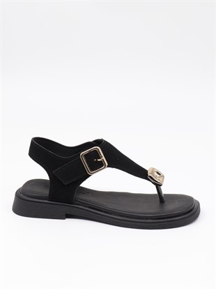 Nesil Shoes Dvm 219 Siyah Süet Tokası Cırtlı Parmak Arası Sandalet