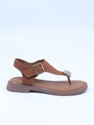 Nesil Shoes Dvm 219 Taba Süet Tokası Cırtlı Parmak Arası Sandalet