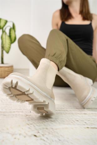 Nesil Shoes Dvm 5004 Bej Süet Çift Lastikli Kadın Bot